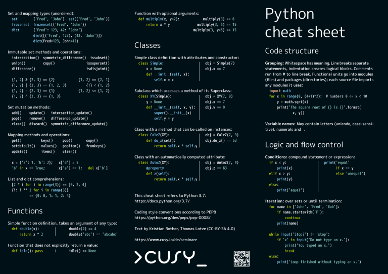 Python 3.7 Cheat Sheet: Code, Data Types, Functions, Classes