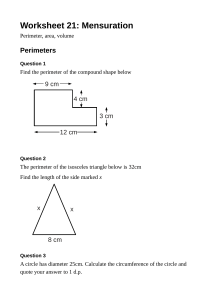 Mensuration Worksheet: Perimeter, Area, Volume Practice