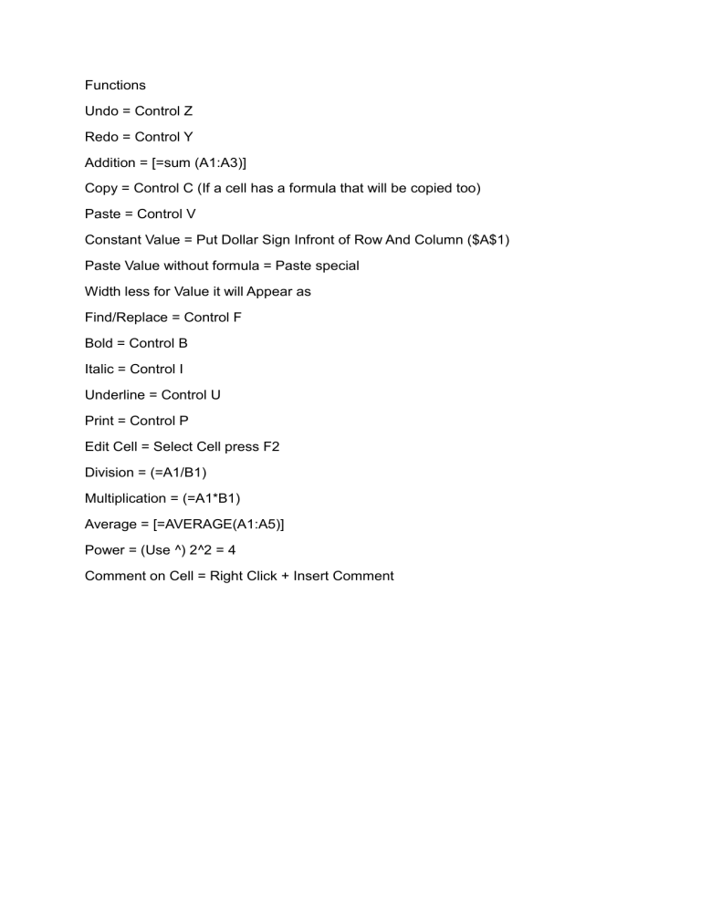 Spreadsheet functions shortcuts cheat sheet