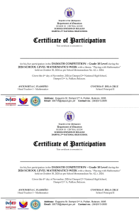 DAMATH Competition Certificate - Grade 10 Mathematics Week