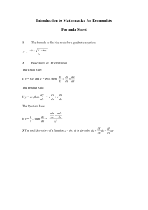 Mathematics for Economists Formula Sheet: Quadratic & Differentiation