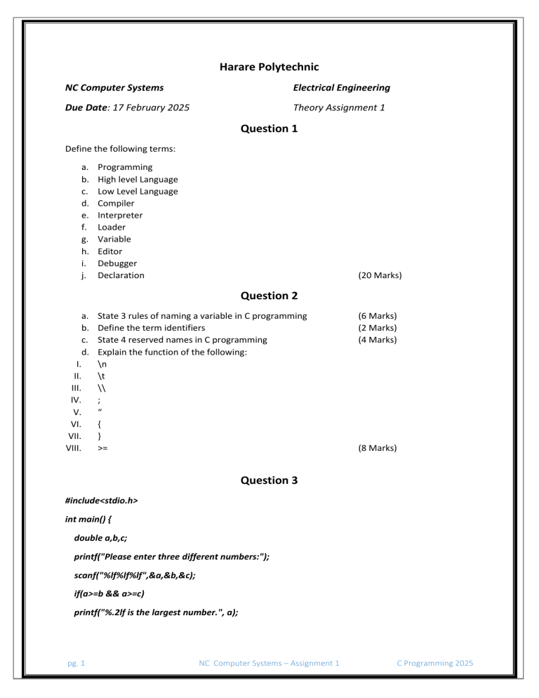 C Programming Assignment: Definitions, Rules, and Flowcharts