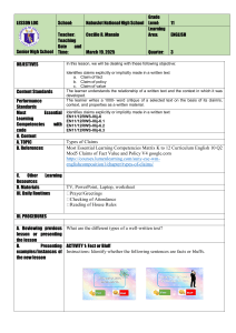 Claims of Fact, Value, Policy: Grade 11 English Lesson Log