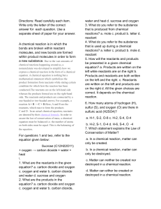 Chemical Reactions & Gas Laws Worksheet - High School Chemistry