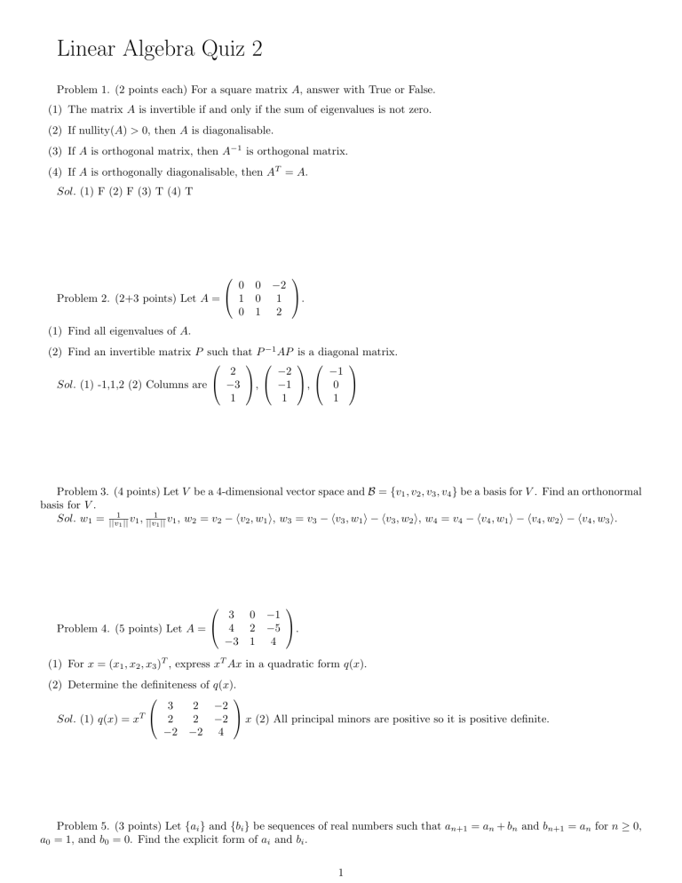 Linear Algebra Quiz: Matrices, Eigenvalues, Quadratic Forms