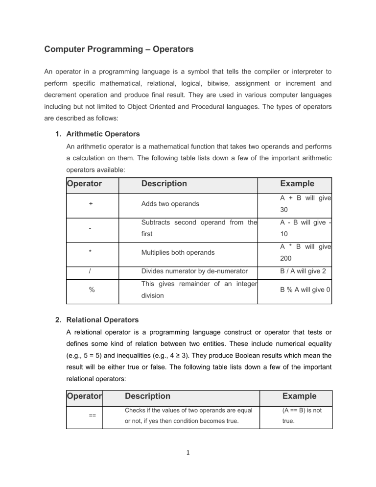 Computer Programming Operators: Arithmetic, Relational, Bitwise