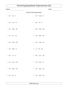 Factoring Quadratic Expressions Worksheet