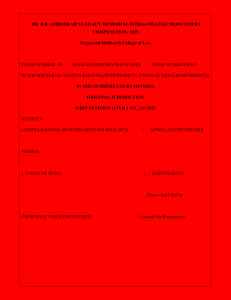 Moot Court Memorial: Aditya Khanna vs. Union of India