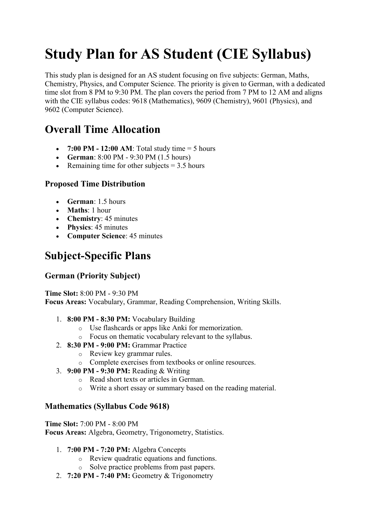 AS Student CIE Syllabus Study Plan: German, Maths, Science