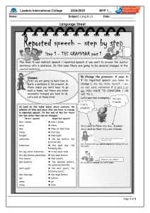Reported Speech Worksheet - MYP 1 Language & Literature