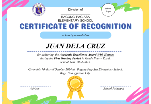 Academic Excellence Award Certificate - Juan Dela Cruz