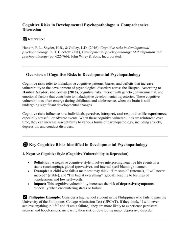 Cognitive Risks in Developmental Psychopathology