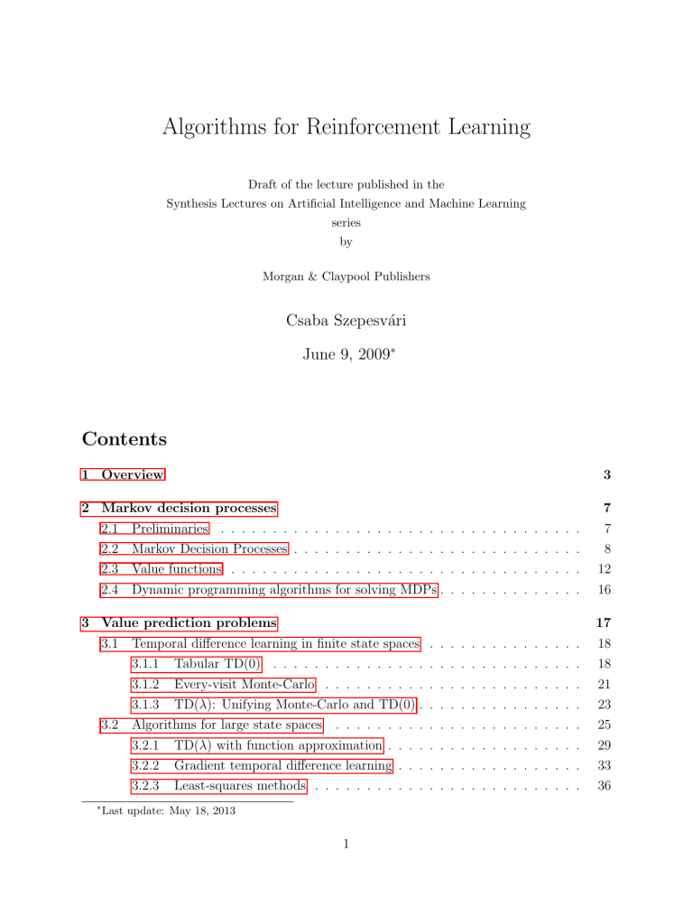 Reinforcement Learning Algorithms: Lecture Draft