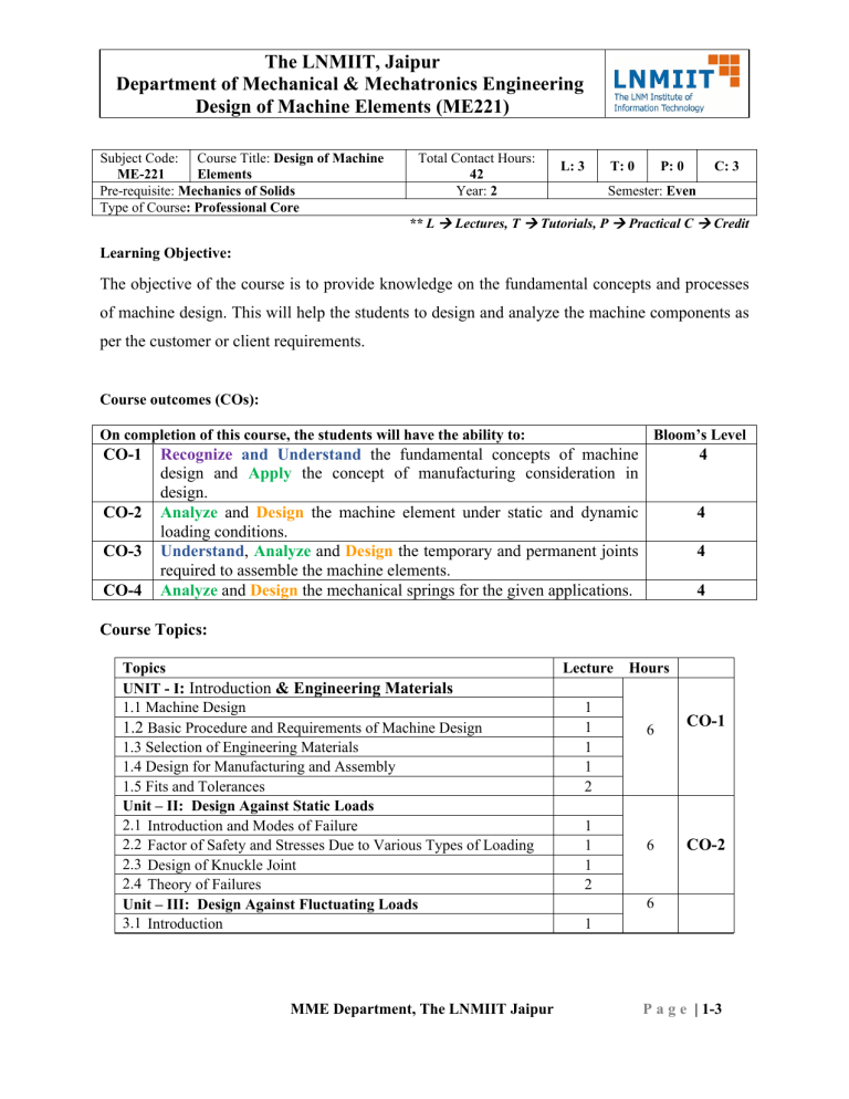 Design of Machine Elements Course Syllabus - LNMIIT Jaipur