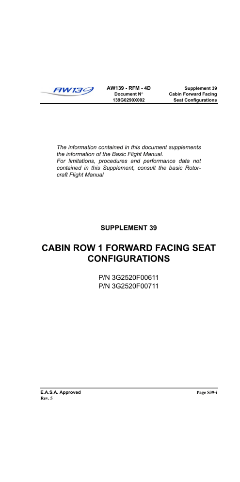 AW139 Cabin Seat Configurations - Flight Manual Supplement