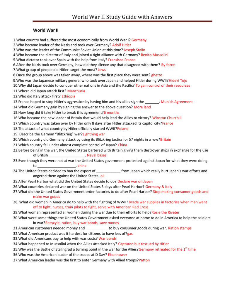 World War II Study Guide with Answers