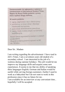 Waitress Job Application Letter - Summer Holidays