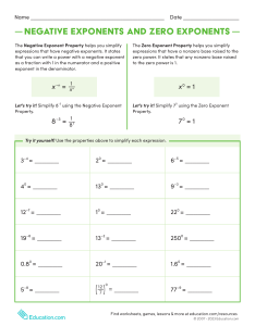 Negative & Zero Exponents Worksheet: Simplify Expressions