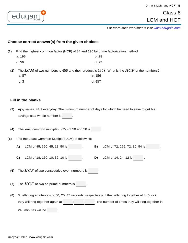 LCM and HCF Worksheet for Class 6