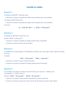 Exercices de chimie sur la quantit&eacute; de mati&egrave;re