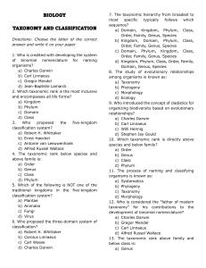 Biology Taxonomy & Classification Test Questions