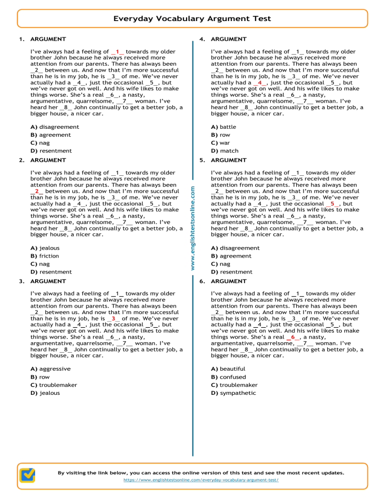Everyday Vocabulary Argument Test
