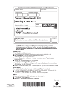 A Level Pure Mathematics 1 Exam Paper (9MA0/01)