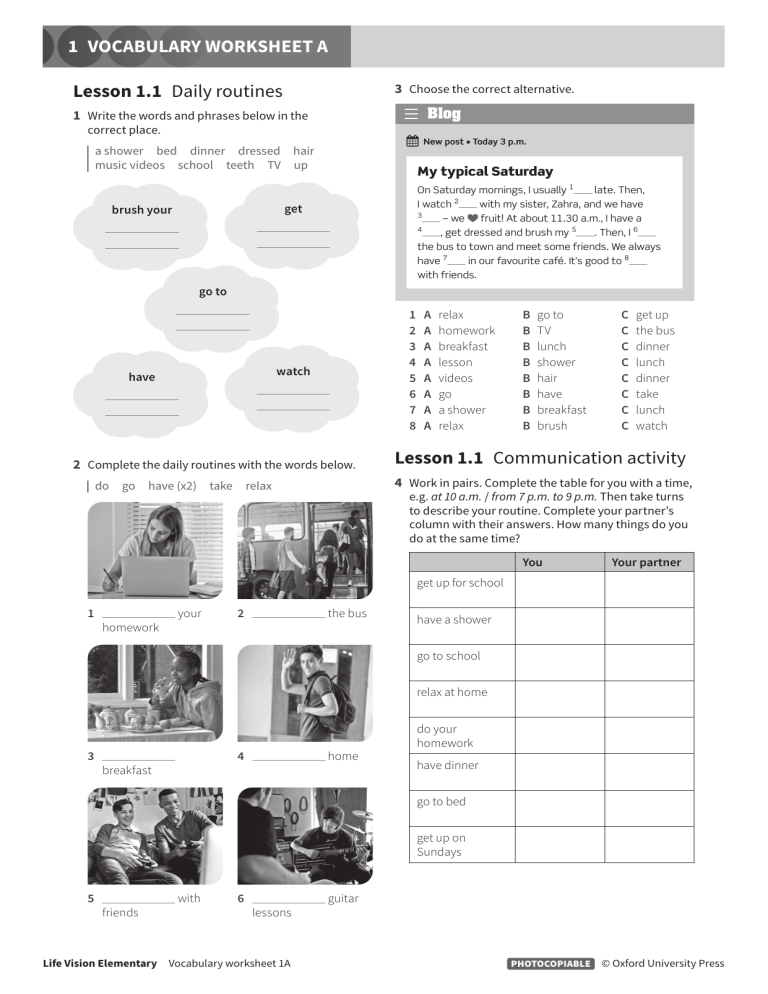 Daily Routines Vocabulary Worksheet for Elementary School