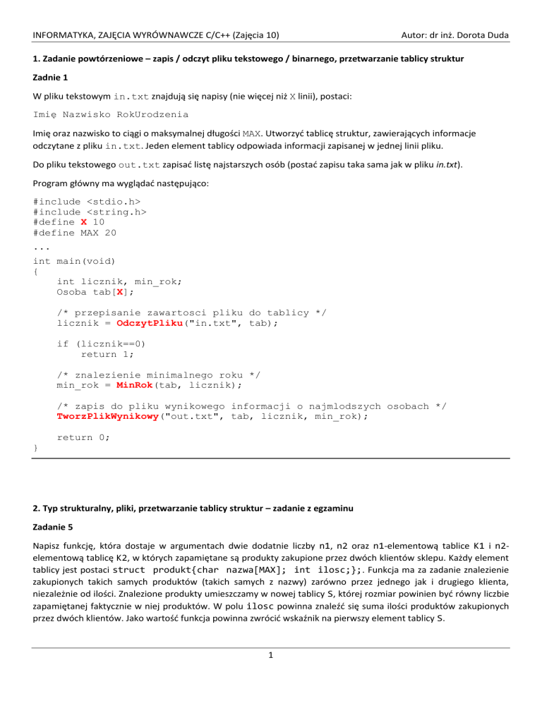 Zadania z programowania C/C++: Operacje plikowe i struktury