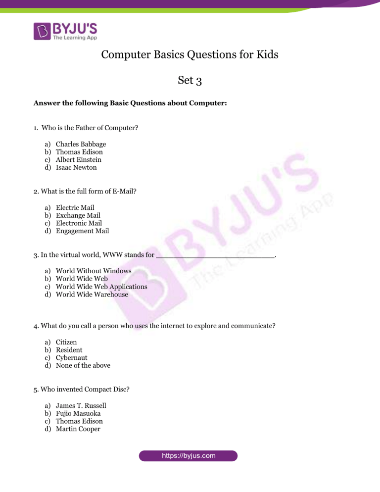 Computer Basics Questions for Kids - Worksheet