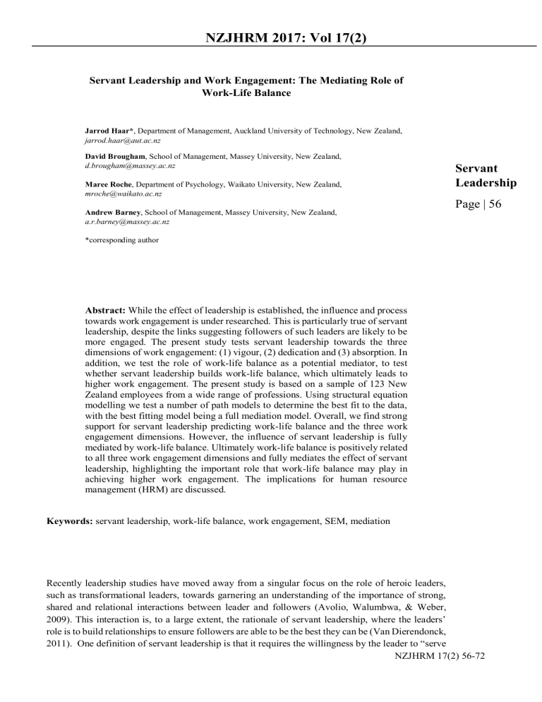 Servant Leadership, Work Engagement, and Work-Life Balance