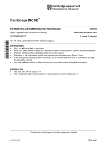 Cambridge IGCSE ICT Specimen Paper 3: Spreadsheets & Web