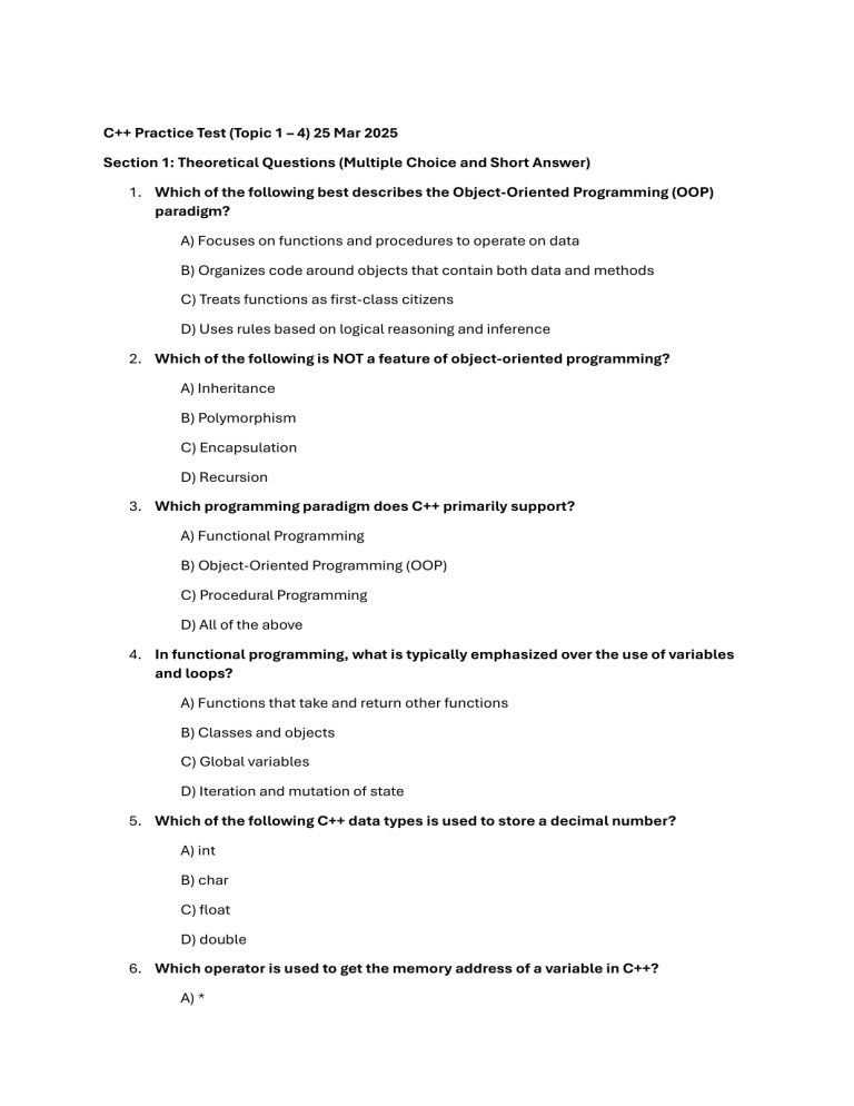 C++ Practice Test (Topics 1-4)