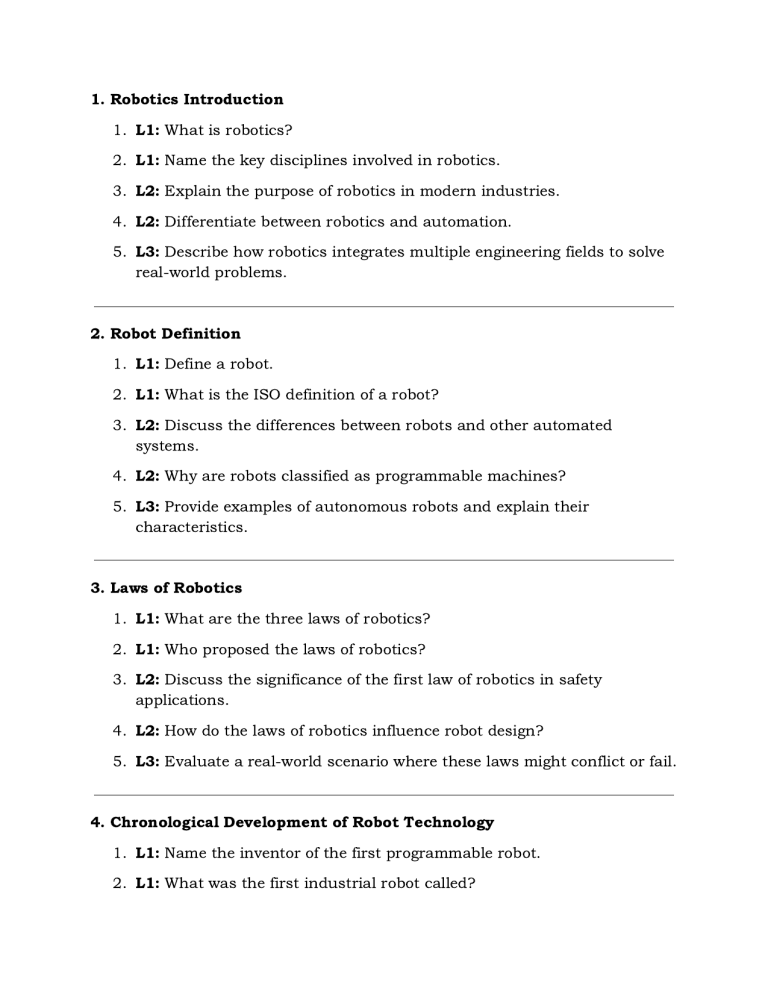 Robotics Course Outline: Introduction to Robot Technology