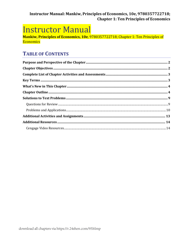 Economics Principles: Instructor Manual for Mankiw 10e