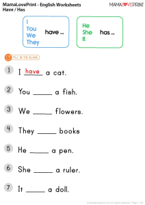 English Grammar Preshool to Grade 2 Worksheet 2