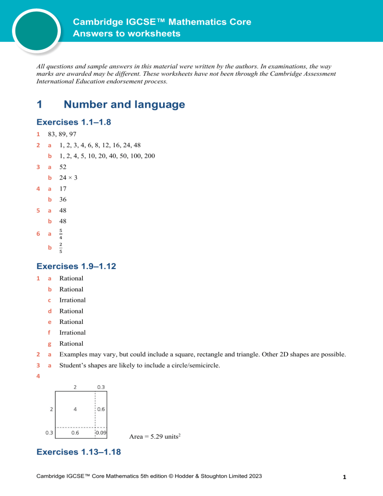 Cambridge IGCSE Core Math Worksheet Answers