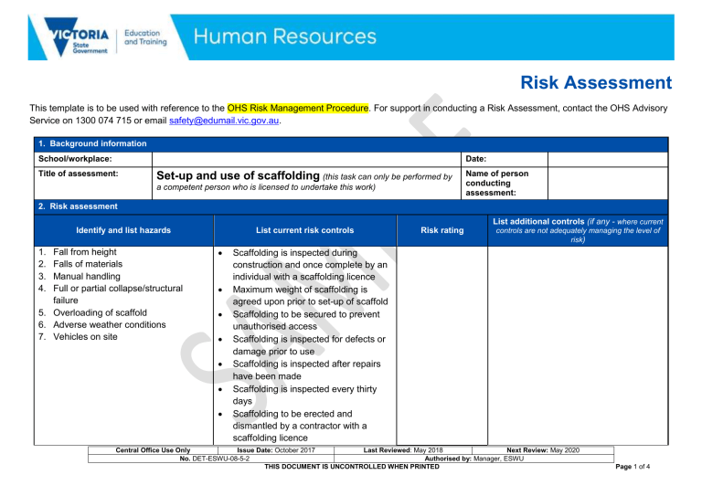 Scaffolding Risk Assessment Example Scaffolding Risk Assessment Template