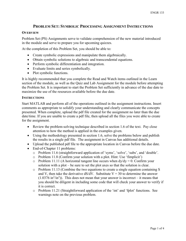 ENGR 133 Symbolic Processing Problem Set Instructions