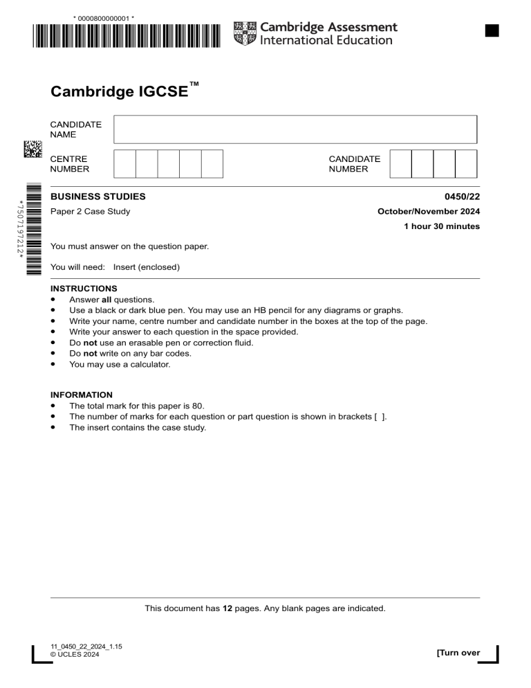 IGCSE Business Studies Paper 2 Case Study Exam