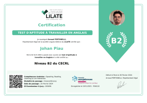 Certification de compétence en anglais LILATE - Johan Piau Niveau B2