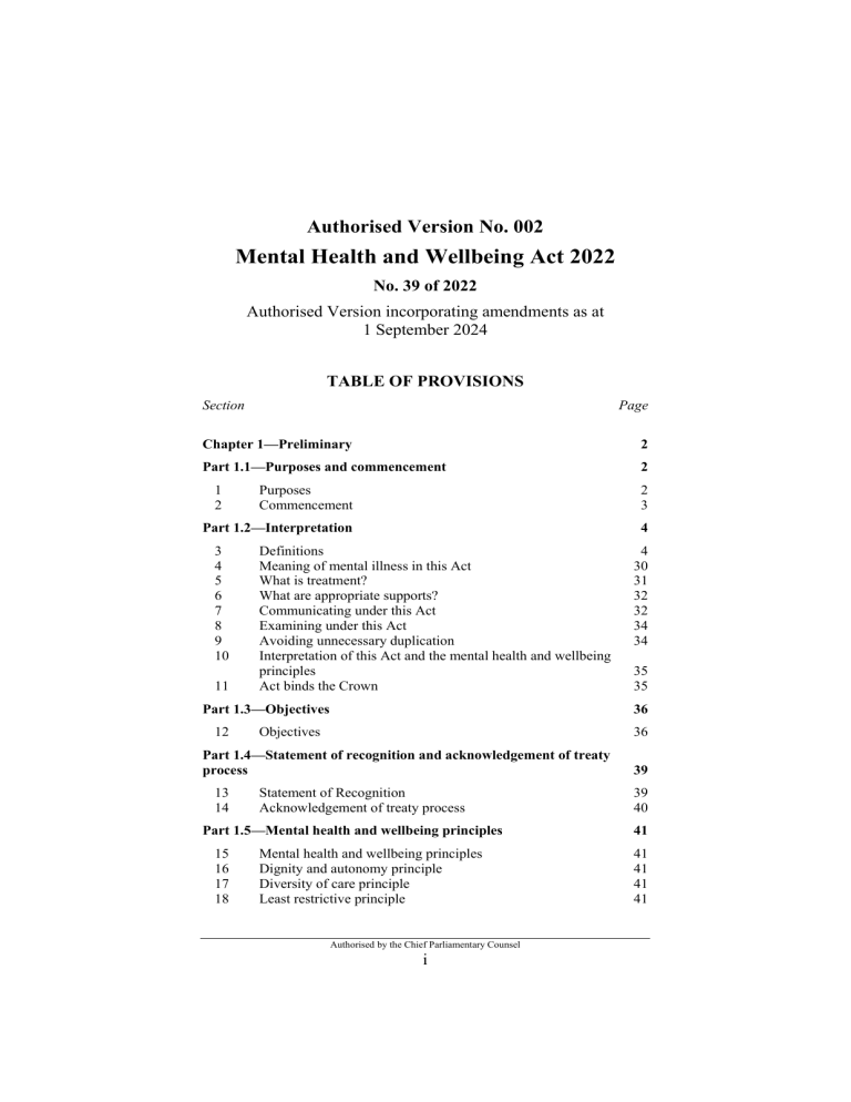 Mental Health & Wellbeing Act 2022: Table of Provisions