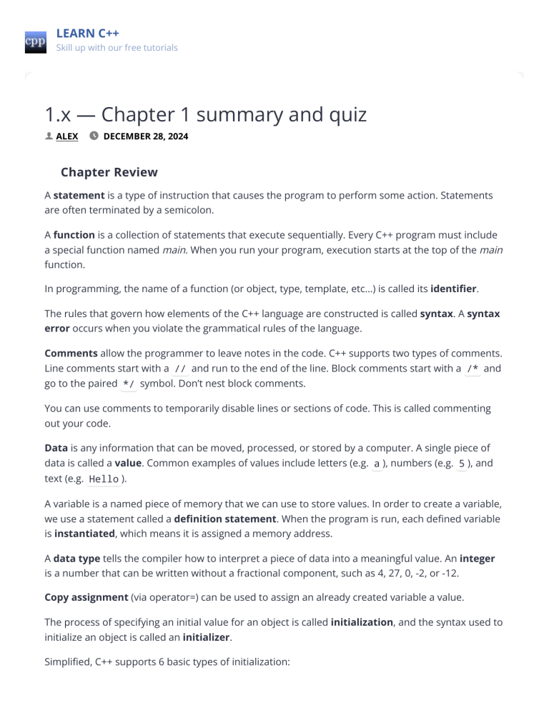 C++ Chapter 1 Summary & Quiz: Learn Programming Basics