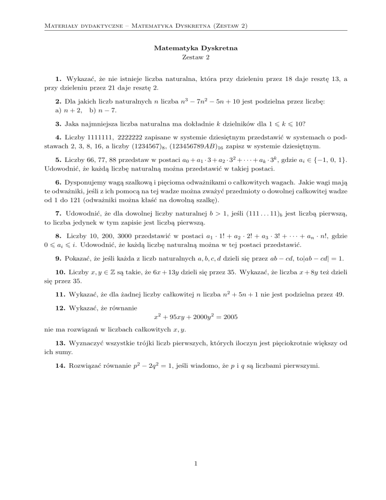 Zestaw Zadań Z Matematyki Dyskretnej Teoria Liczb I Więcej