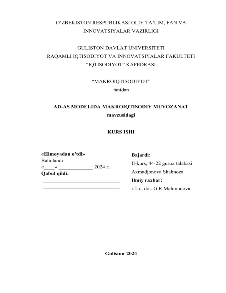 AD-AS modeli va makroiqtisodiy muvozanat kurs ishi