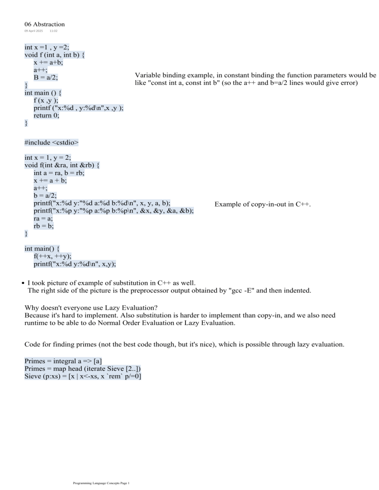 Abstraction in Programming Languages: C++ Examples