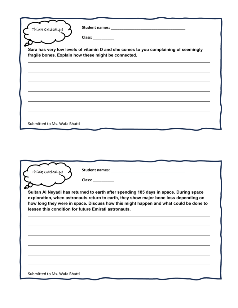 Vitamin D & Bone Health: Space Travel Bone Loss Worksheet
