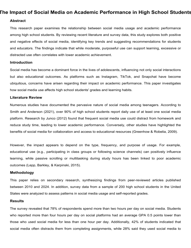 Social Media & Academic Performance in High School