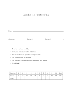 Calculus III Practice Final Exam - Multivariable Calculus Test
