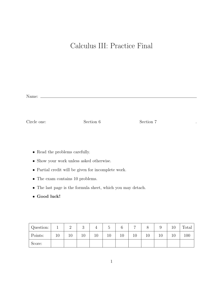 Calculus III Practice Final Exam - Multivariable Calculus Test